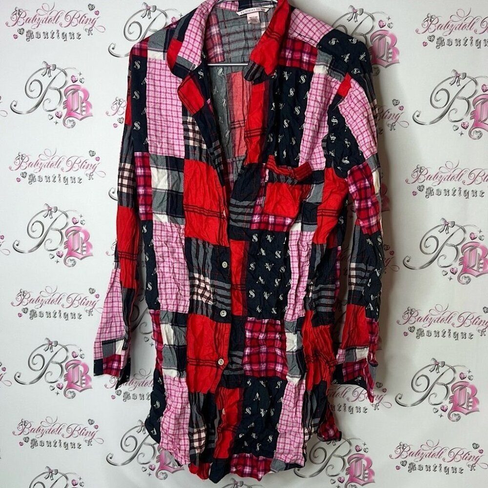Victoria's Secret Red and Pink Patchwork long dress button up PJ quilt style